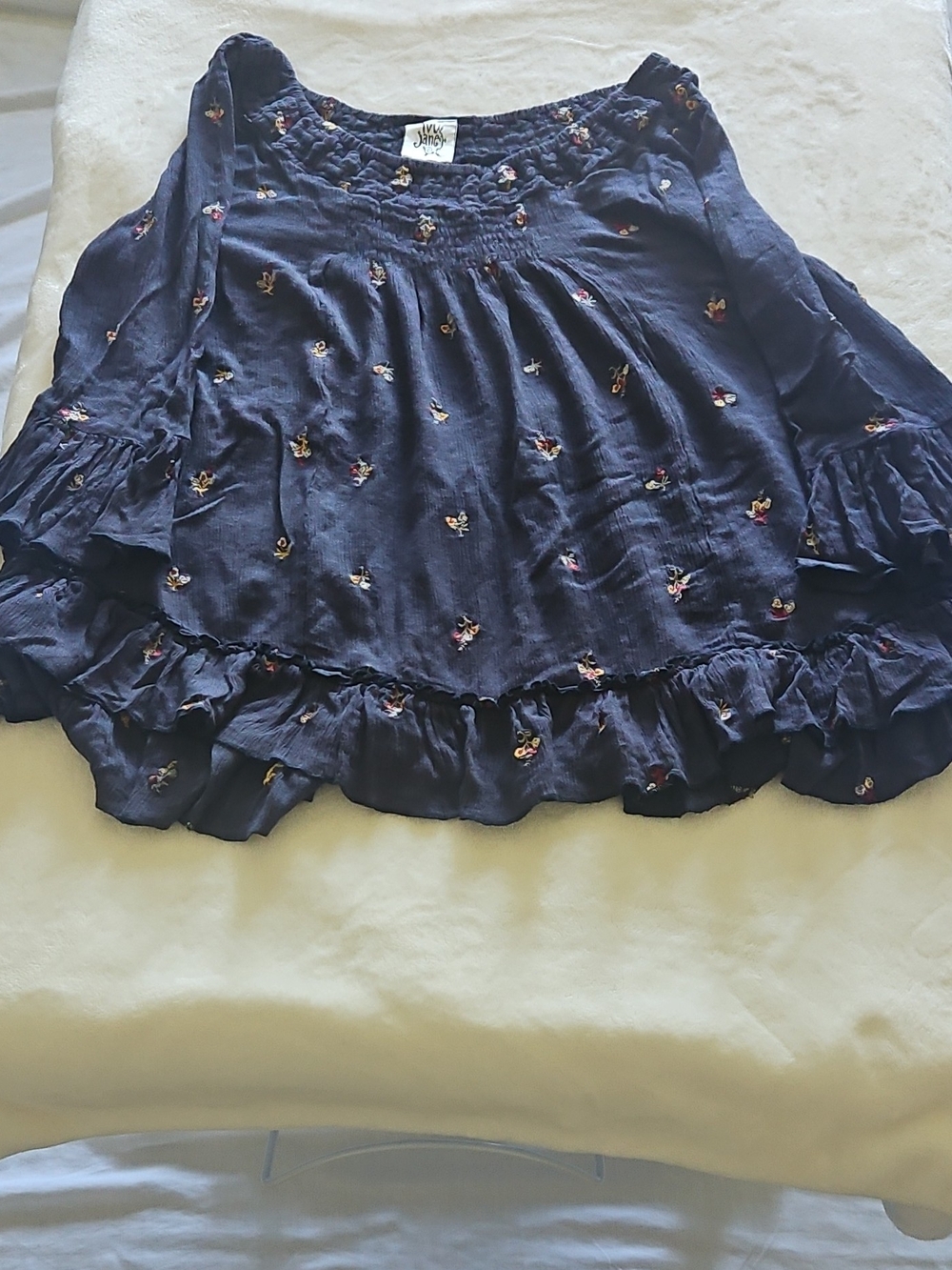 ivy jane Boho Embroidered Smocked Peasant Blouse with Ruffle Hem